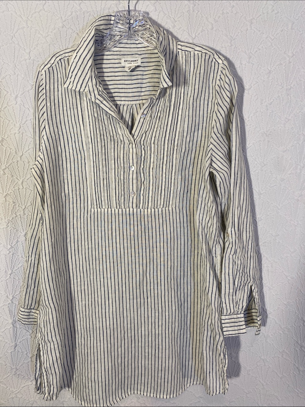 Artisanry Striped Linen Tunic - White with Navy Stripes size medium 100% Linen